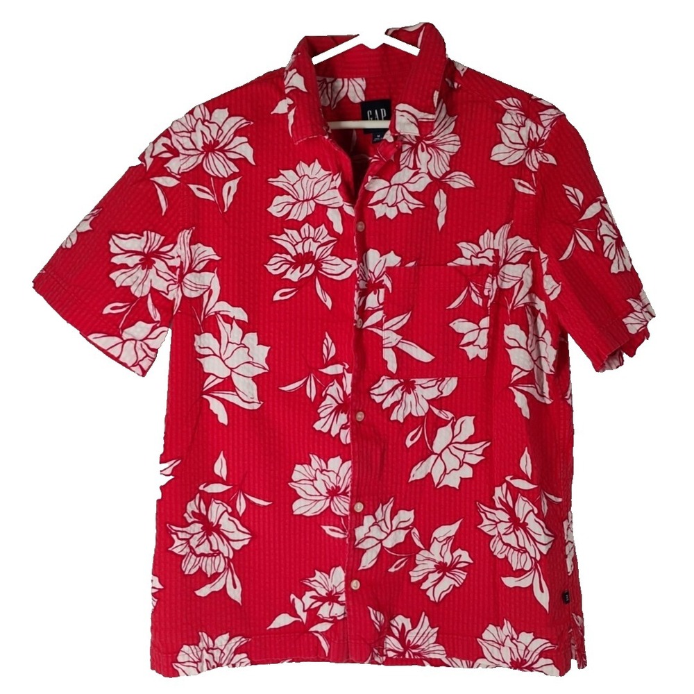 Gap Mens Medium Hawaiian Vacation Orangish White Floral Button Up Collared Shirt